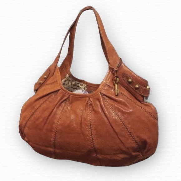 Fossil Handbags - Fossil Distressed Whiskey Tan Leather Ergonomic Hobo Shoulder Bag